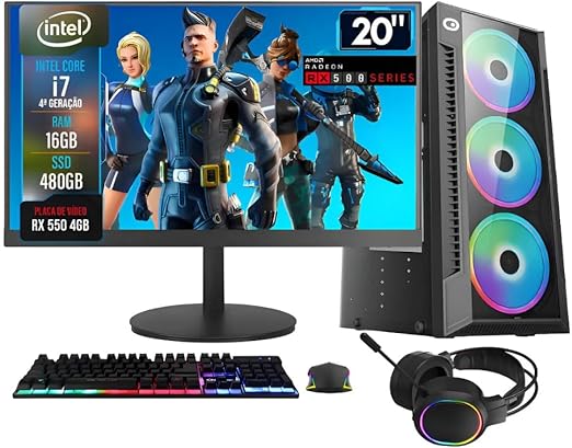 PC GAMER COMPLETO INTEL CORE I7 16GB RAM PLACA DE VIDEO RX 550 4GB SSD 480GB FONTE 500W - MONITOR 20'' 75HZ